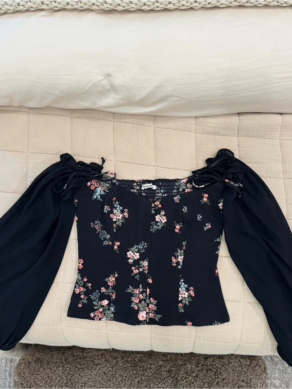 Reformation Floral Off-Shoulder Black Peasant Top